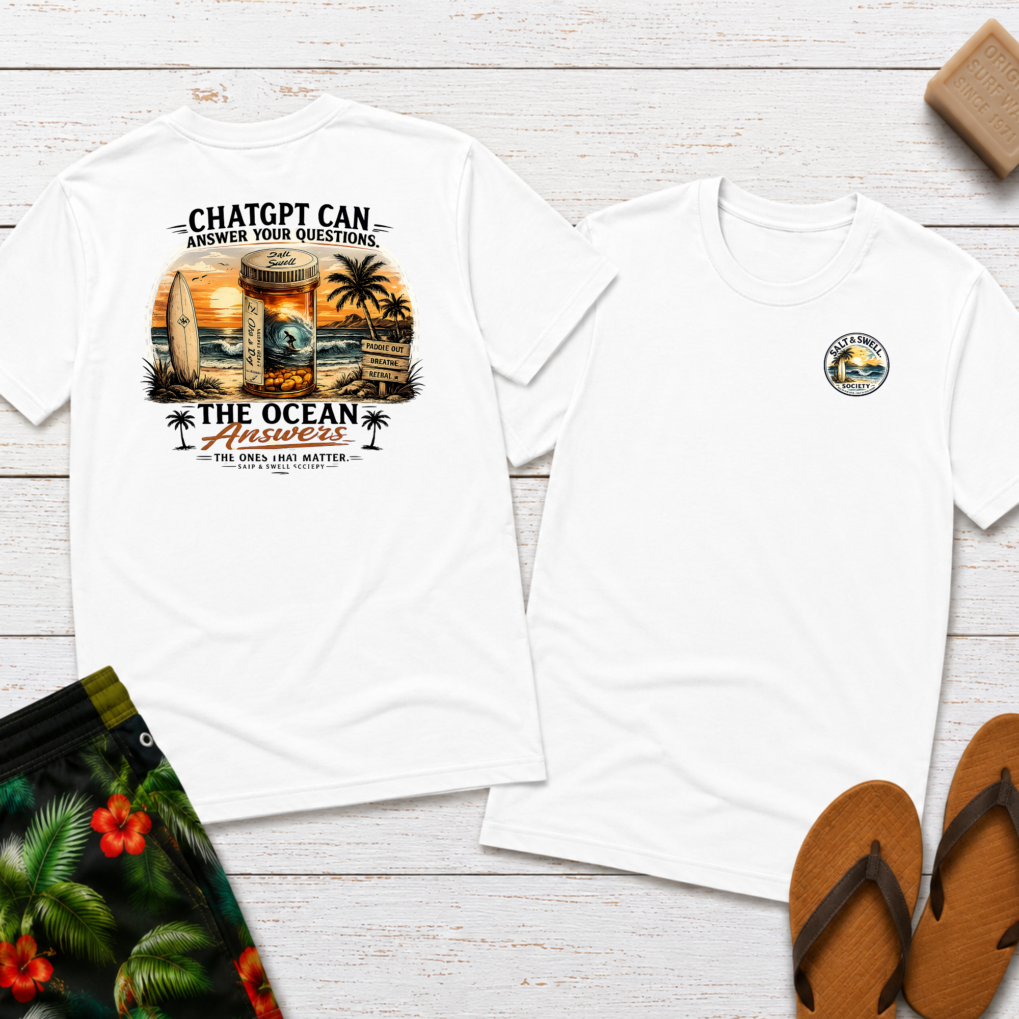 Surf & Sunset T-Shirt — Coastal Vintage Surfboard Graphic
